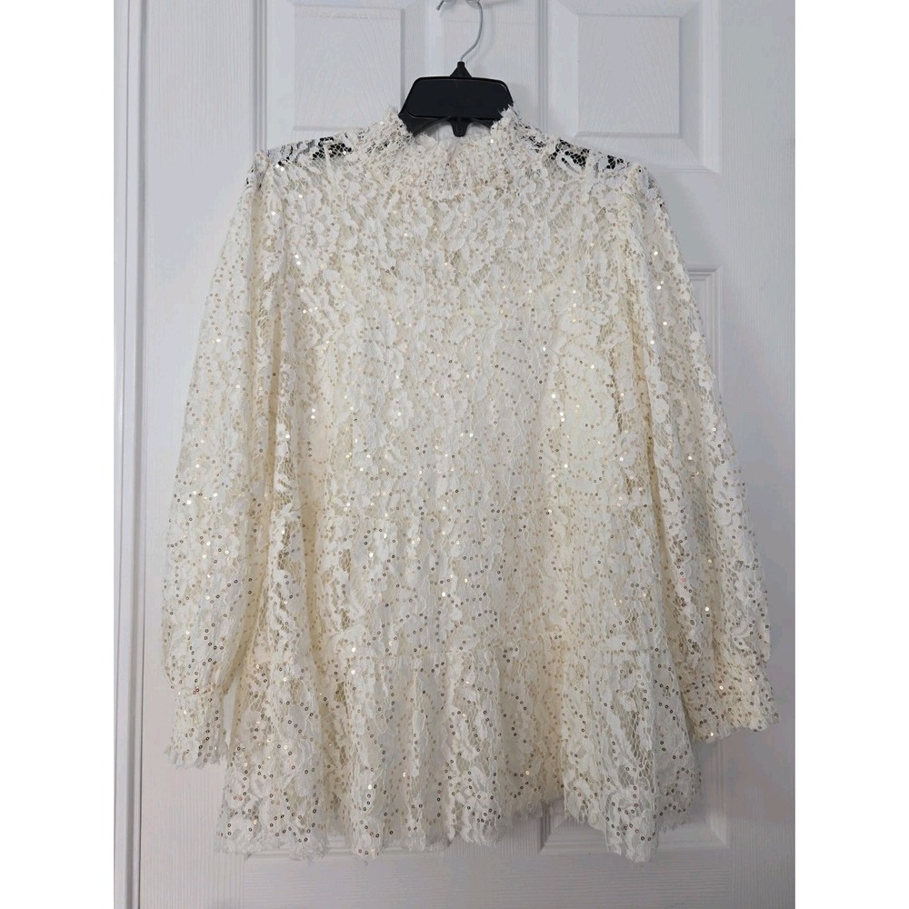 Cato Sheer Cream Floral Lace Sequin 2 Piece Blouse Cottagecore Romantic Size M